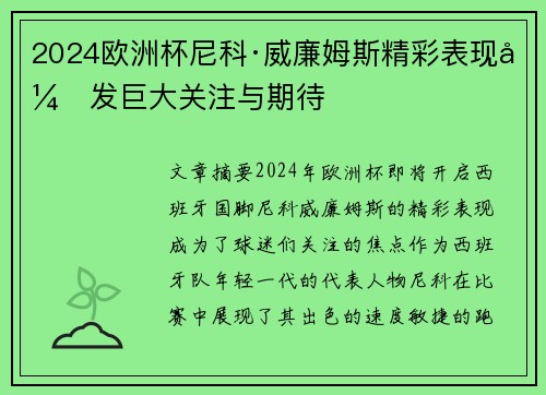 2024欧洲杯尼科·威廉姆斯精彩表现引发巨大关注与期待 2024欧洲杯尼科·威廉姆斯精彩表现引发巨大关注与期待