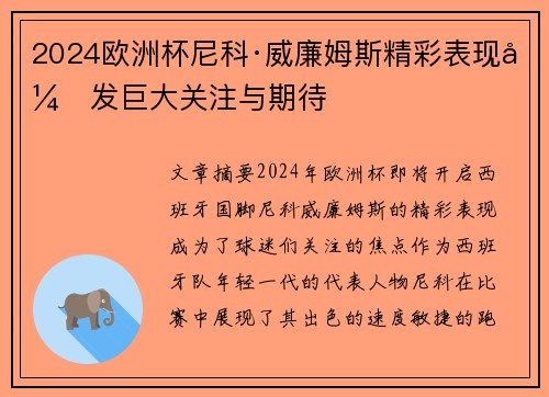 2024欧洲杯尼科·威廉姆斯精彩表现引发巨大关注与期待