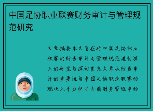 中国足协职业联赛财务审计与管理规范研究